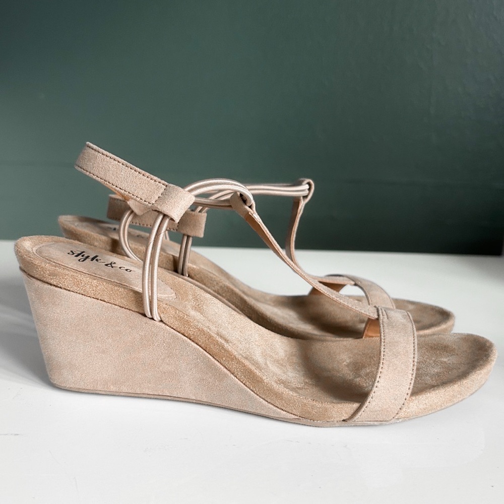 Style & Co. Neutral Suede Tan Wedge Sandals